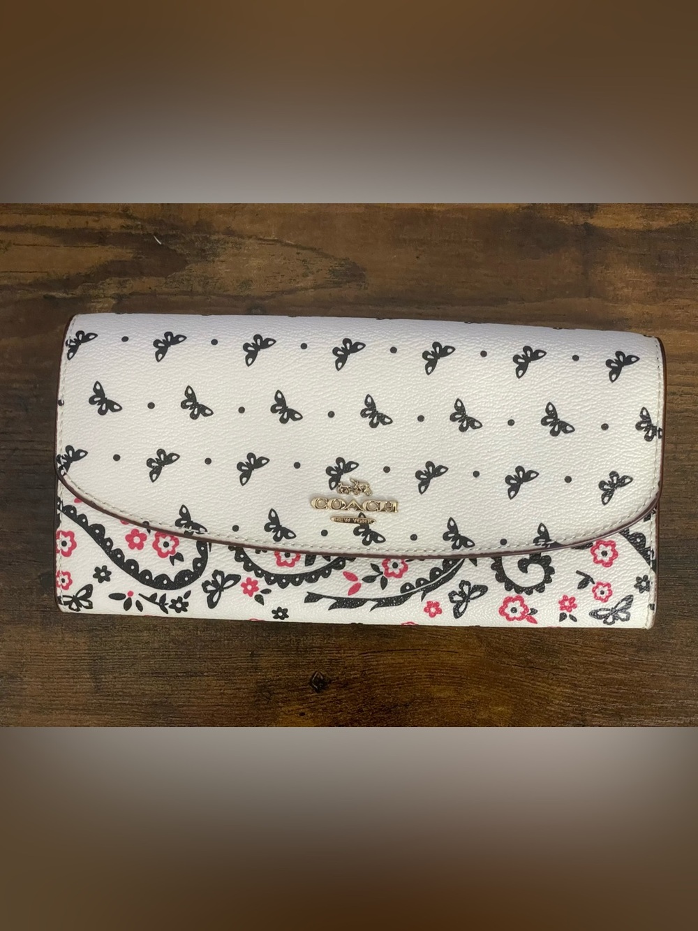 COACH Black & White Butterfly Bandana Print  Coated Canvas Envelope Wallet